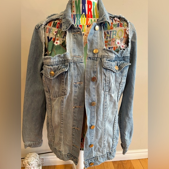 Revamped distressed look jean jacket. Floral lace inert details. - Picture 1 of 5